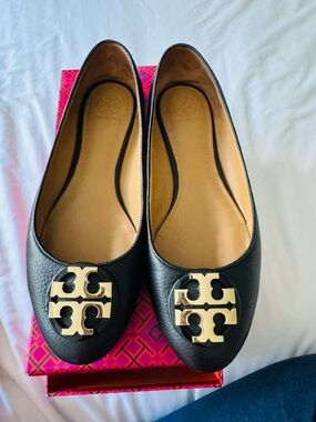 Tory Burch Black Leather Ballet Flats with Gold Logo